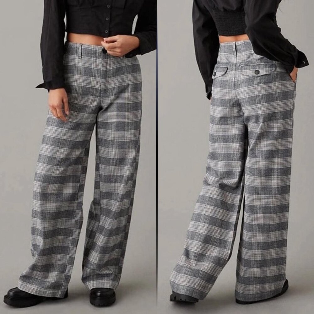 NWT New American Eagle AE Pants High-Waisted Baggy WideLeg Plaid Trouser Size 10